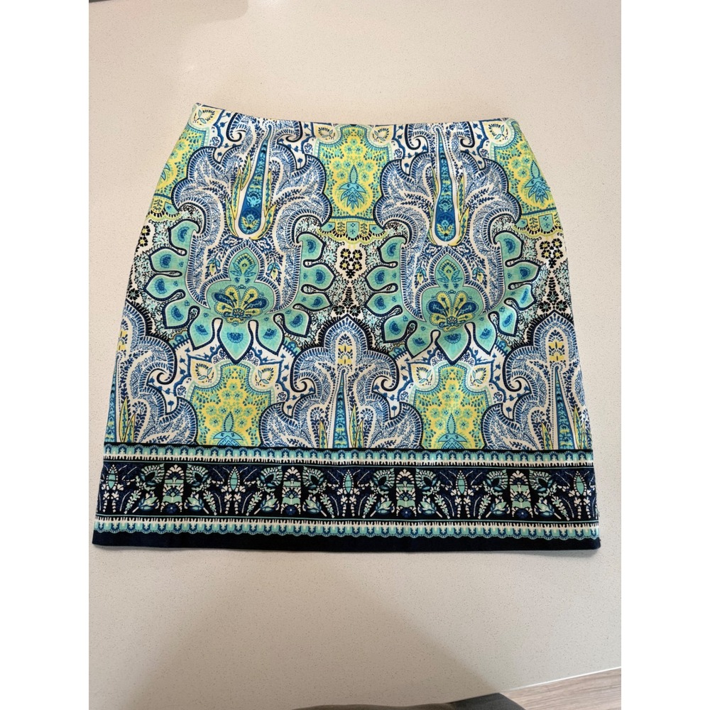 Talbots Petites Blue Paisley Medallion Pencil Skirt Size 4P Side Zip Mini